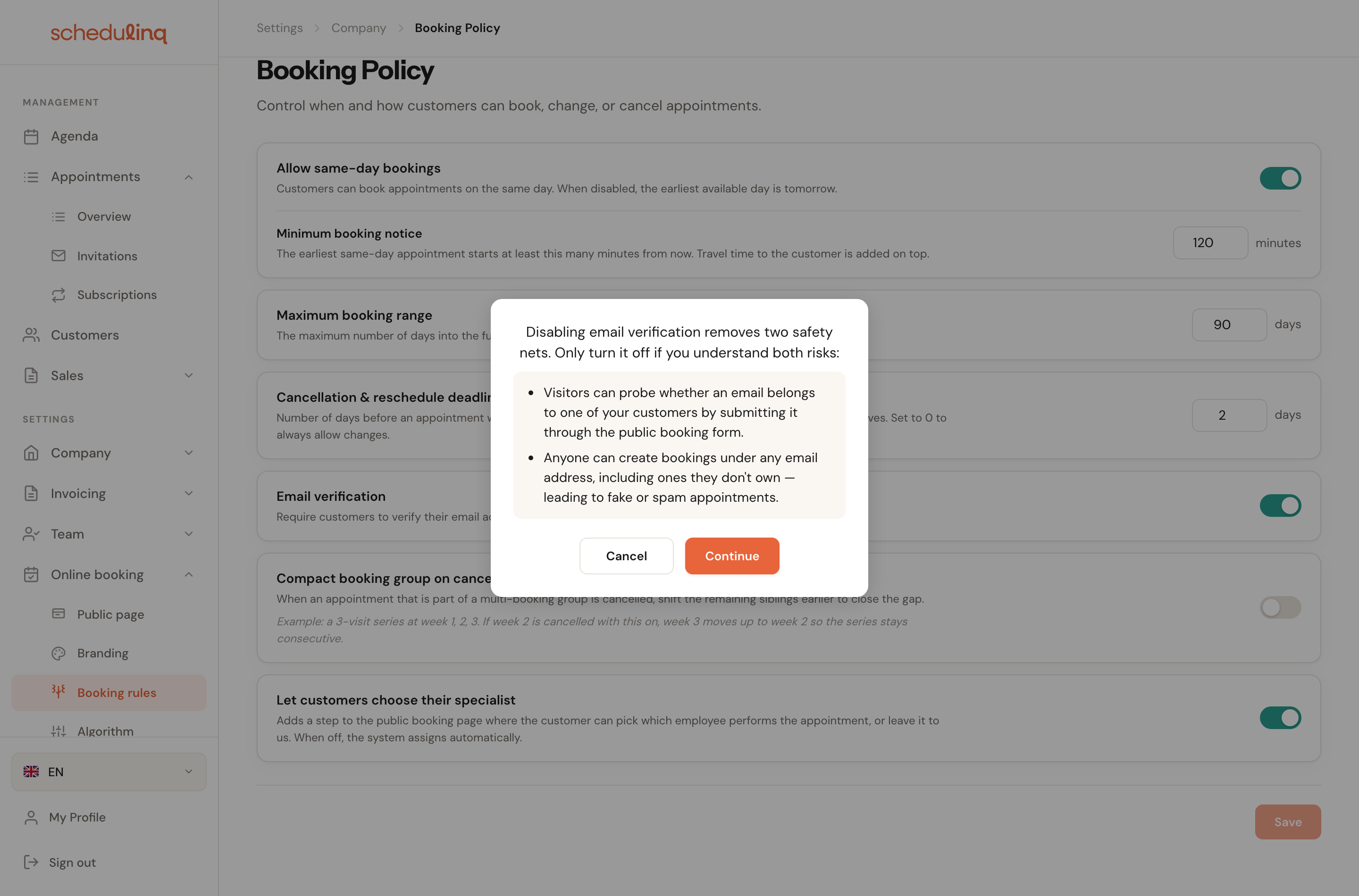 The confirmation dialog shown when switching off email verification, listing two risks.