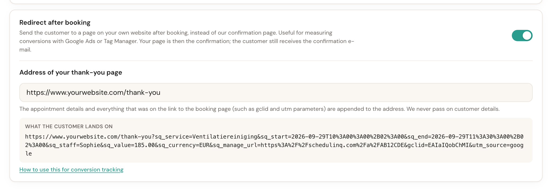 The Redirect after booking setting, switched on, with a thank-you page address and the example of what the customer lands on.