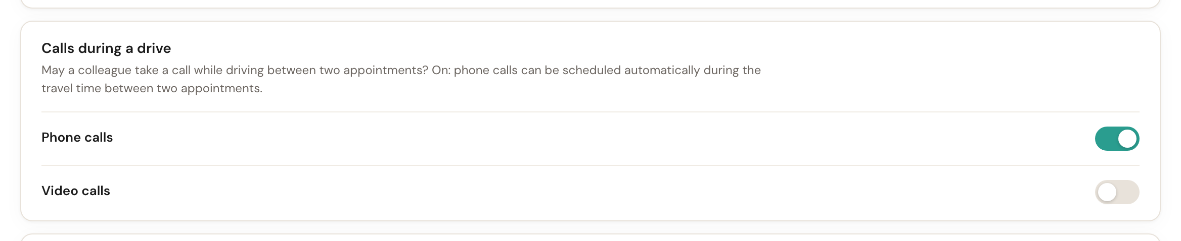 The Calls during a drive card with the Phone calls switch on and Video calls off.