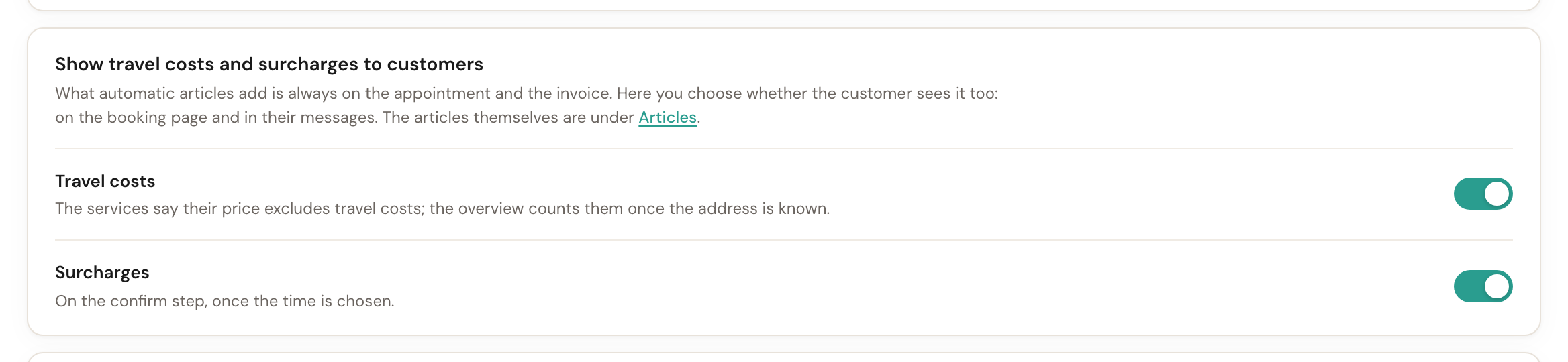 The Show travel costs and surcharges to customers card with the Travel costs and Surcharges switches, both on.