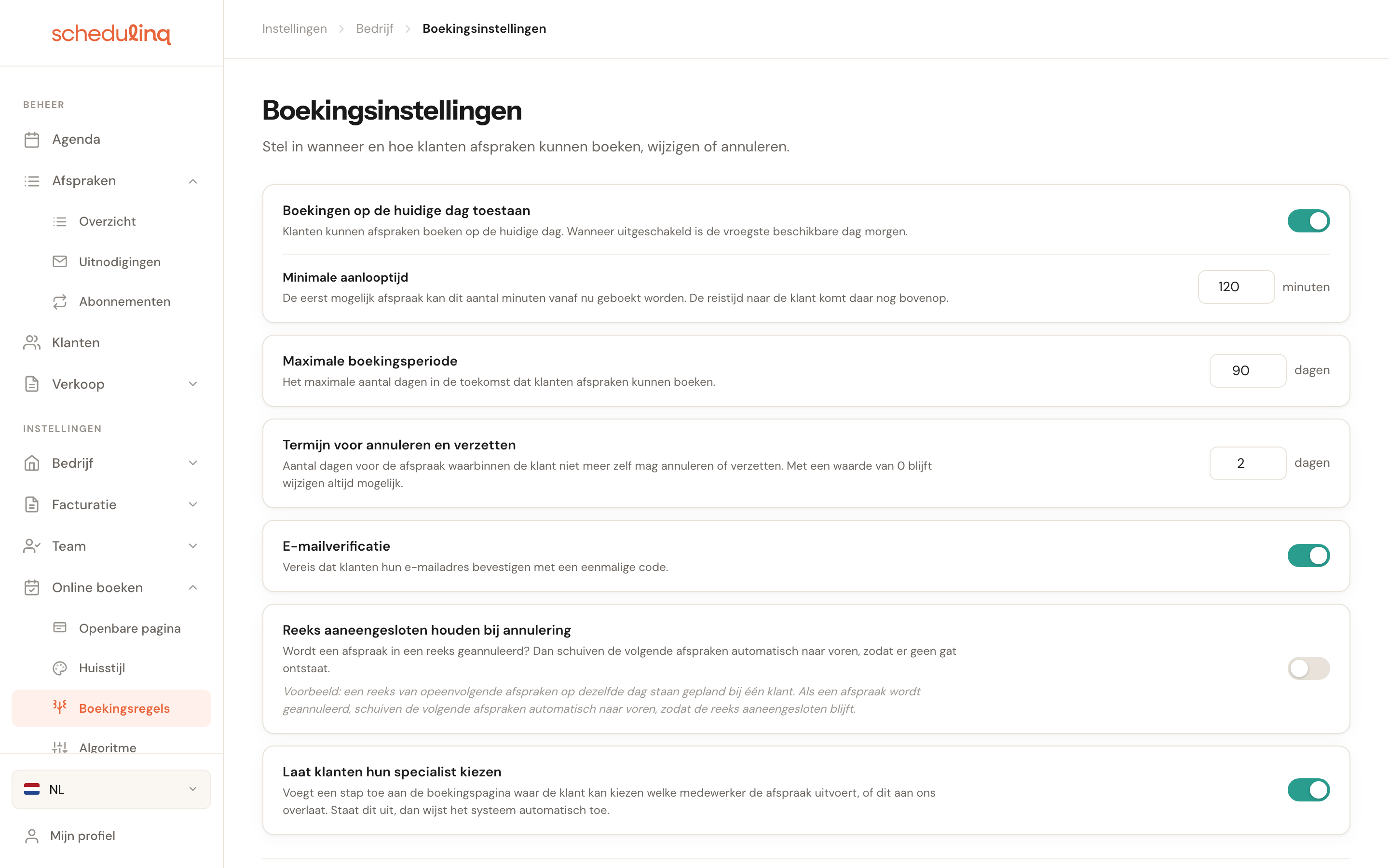 De pagina Boekingsinstellingen met zes instellingen onder elkaar.