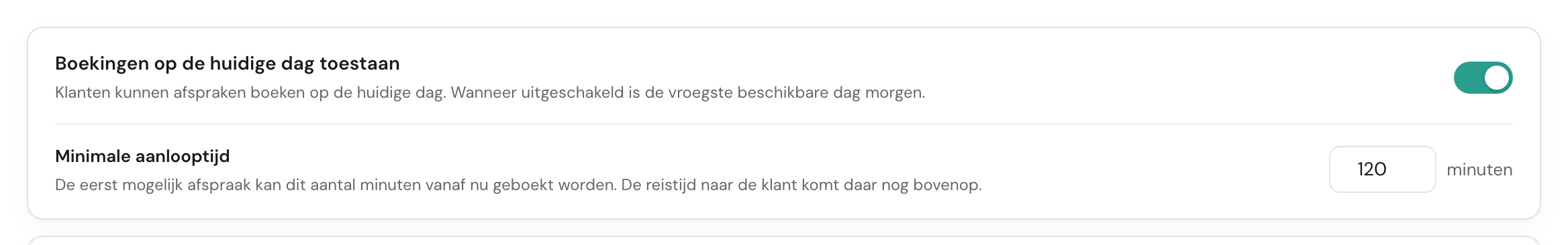 De instelling Boekingen op de huidige dag toestaan, aangezet, met de aanlooptijd eronder.