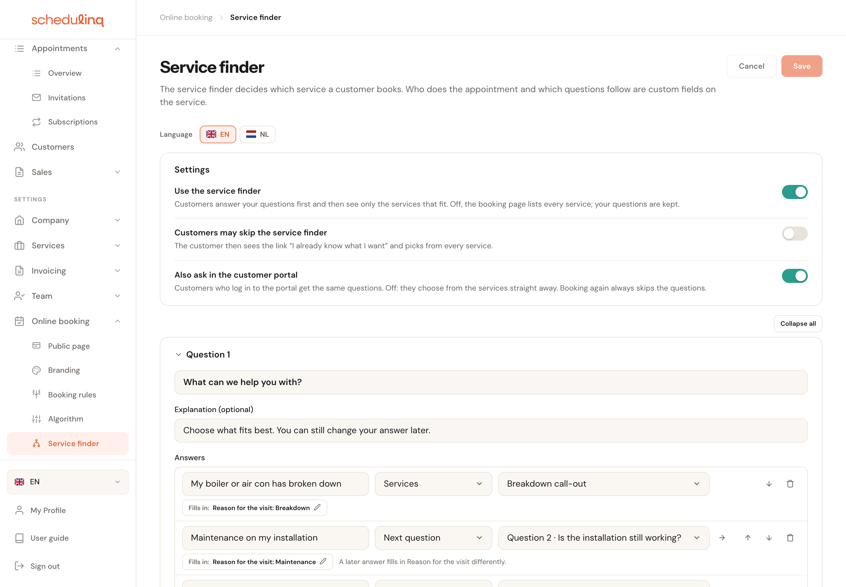 The Service finder screen: Cancel and Save at the top, the language choice EN and NL, the Settings card with the switches Use the service finder, Customers may skip the service finder and Also ask in the customer portal, and below it Question 1 with the question What can we help you with?, an explanation and the first answers.