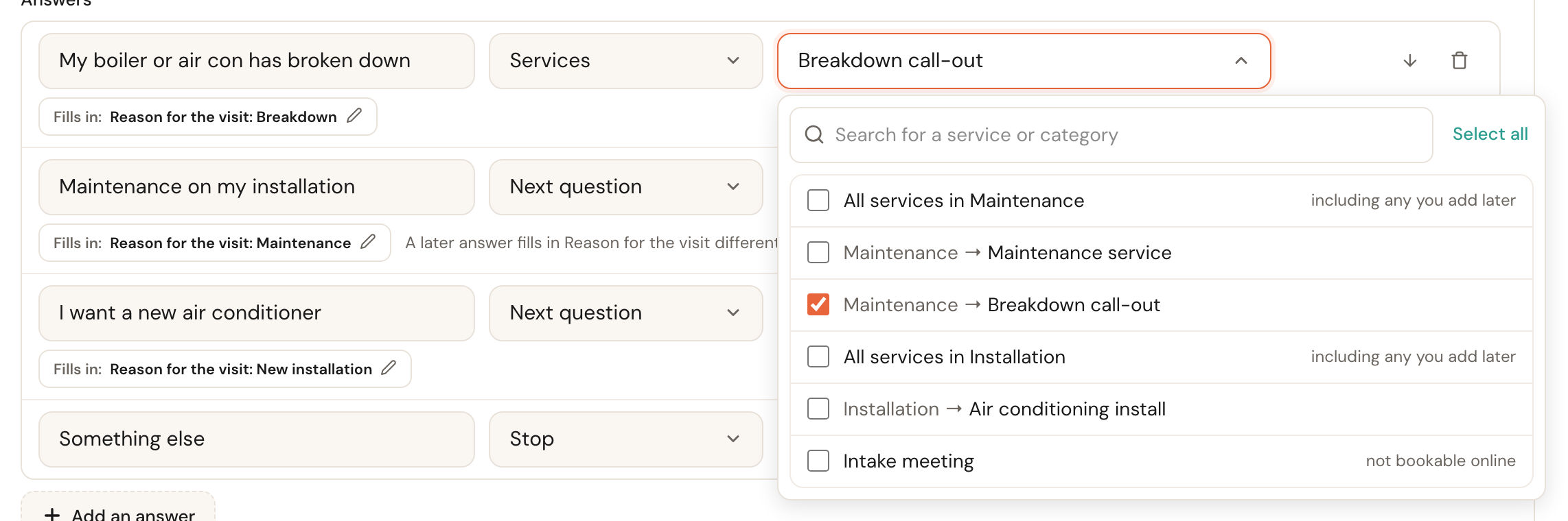 The open box next to Services: a search box Search for a service or category, the rows All services in Maintenance and All services in Installation with the note including any you add later, the single services with their category in front, Breakdown call-out ticked, and Intake meeting with the note not bookable online.