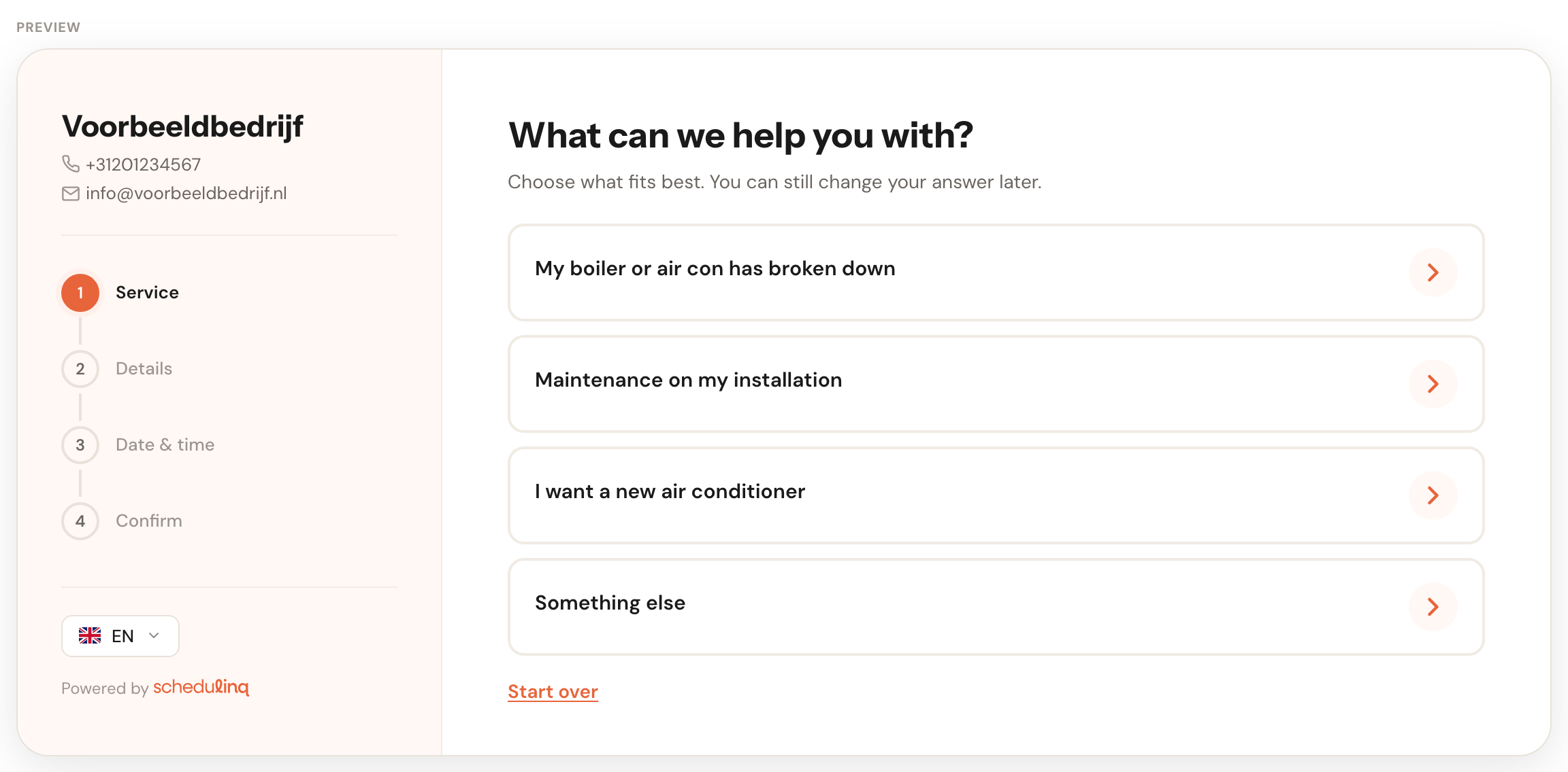 The preview under the service finder: Voorbeeldbedrijf's booking page on the Service step, with the question What can we help you with?, the explanation, four answers as cards and the Start over link.