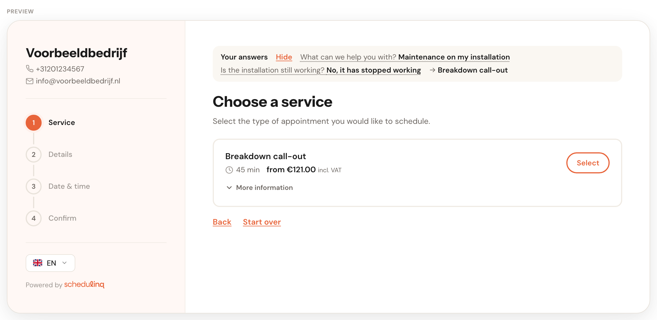 The preview after two answers: at the top Your answers with What can we help you with? Maintenance on my installation, Is the installation still working? No, it has stopped working and an arrow to Breakdown call-out; below it Choose a service with only Breakdown call-out, and the Back and Start over links.