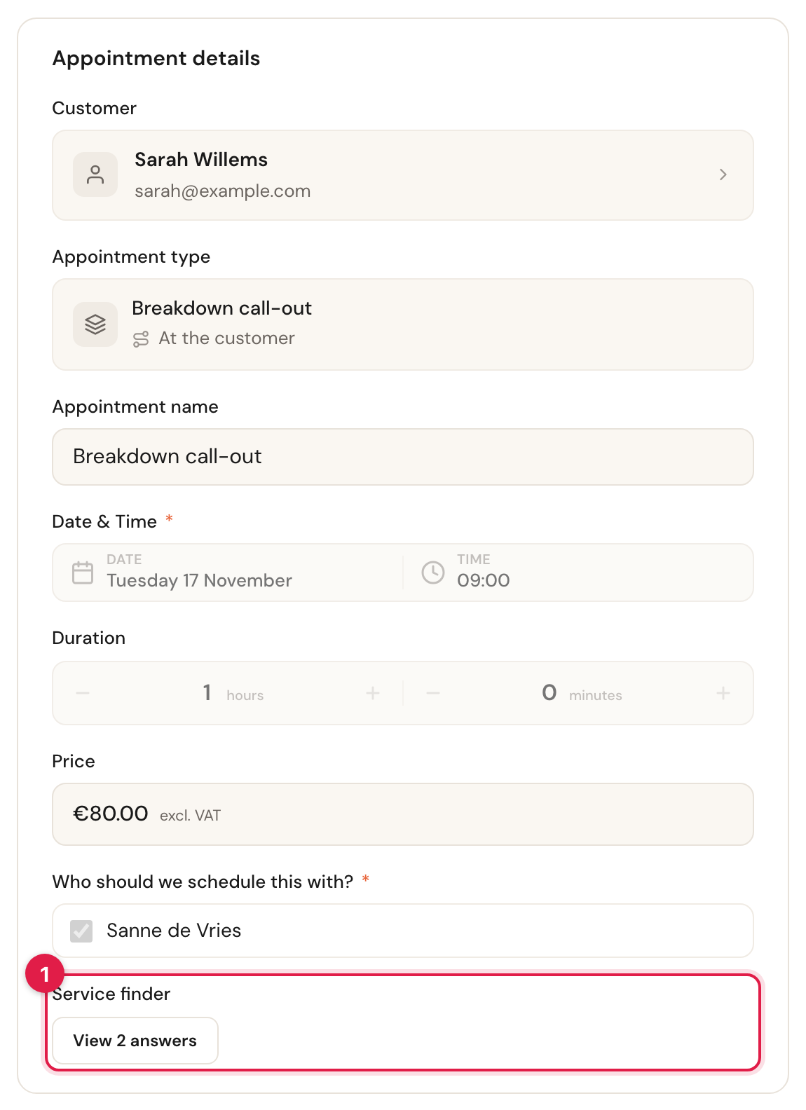 The Appointment details card of a Breakdown call-out for Sarah Willems, with at the bottom the Service finder field and the View 2 answers button, marked 1.