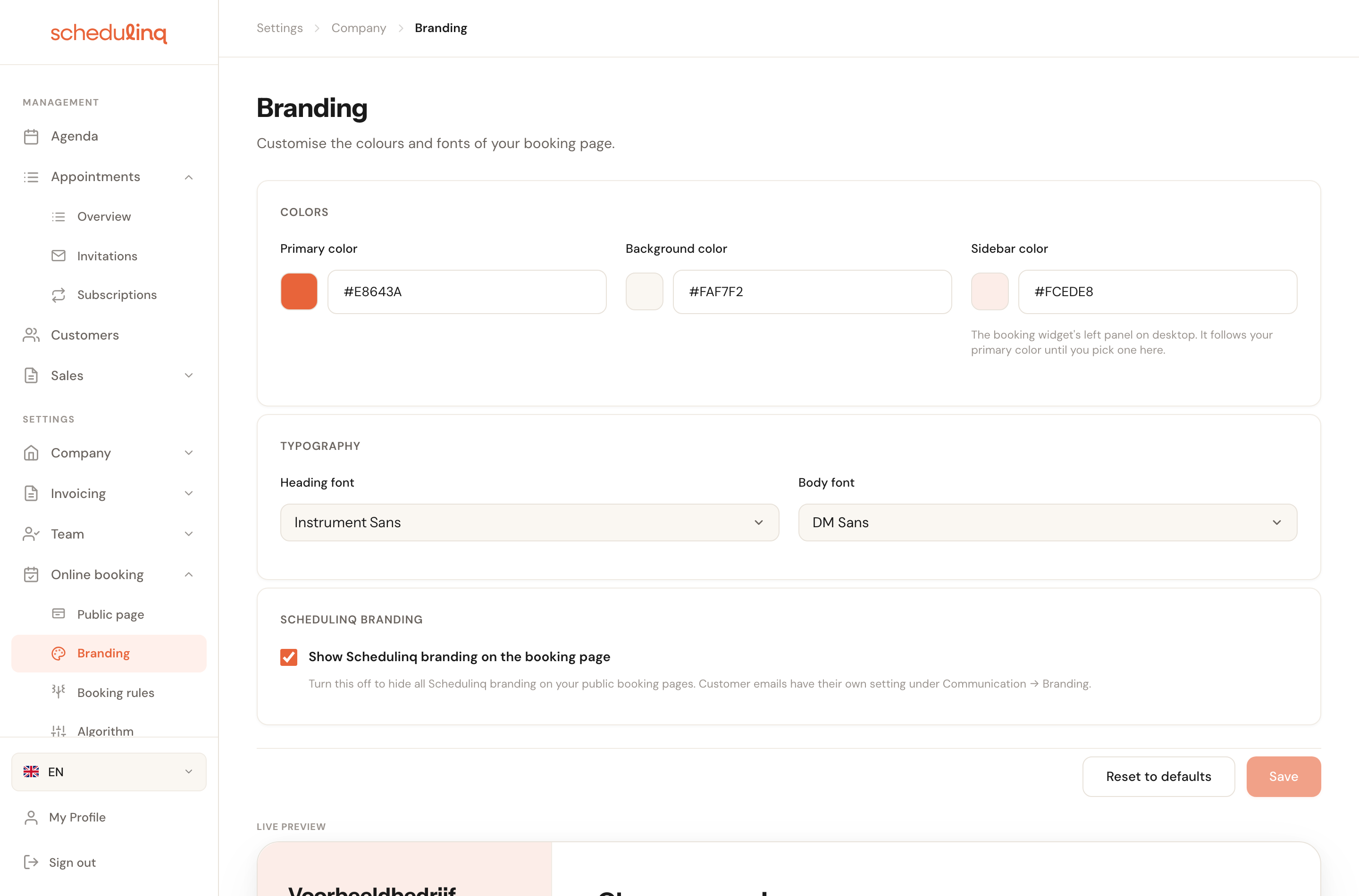 The Branding page showing the Colors, Typography and Schedulinq branding blocks, with the live preview underneath.