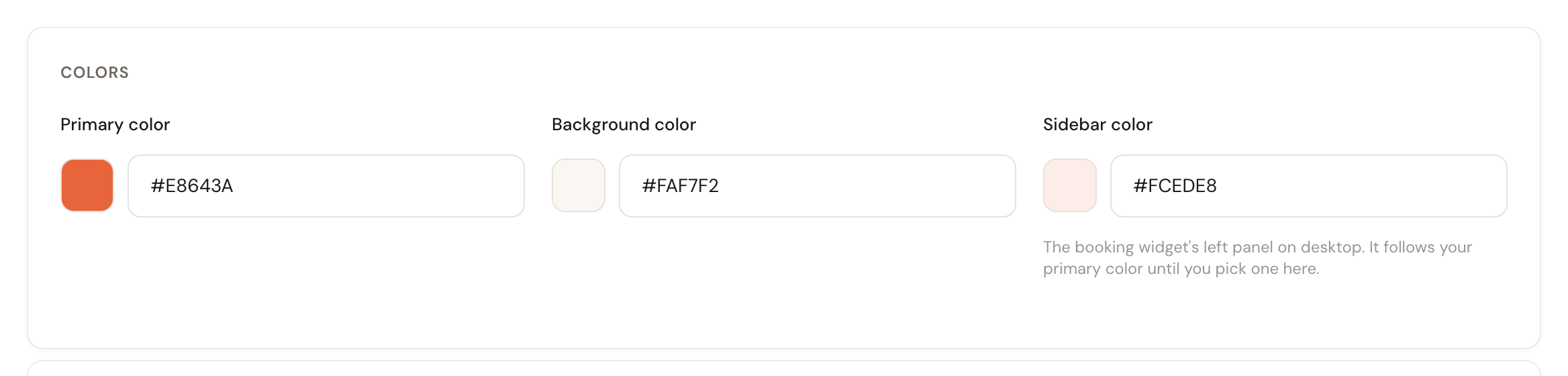 The Colors block with the Primary color, Background color and Sidebar color fields.