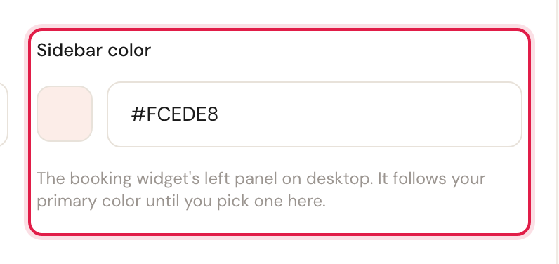 The Sidebar color field showing the derived tint #FCEDE8 and its explanation.