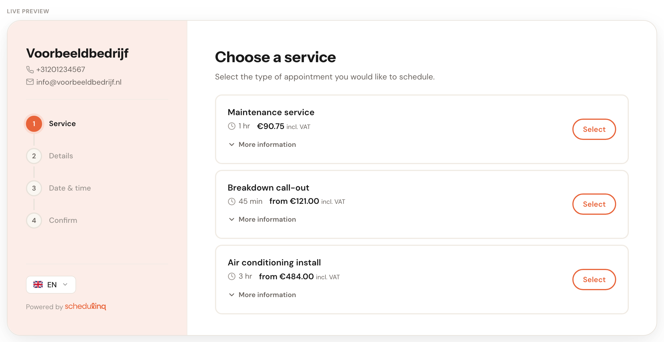 The live preview: the booking widget with a coloured sidebar, the steps and three services.