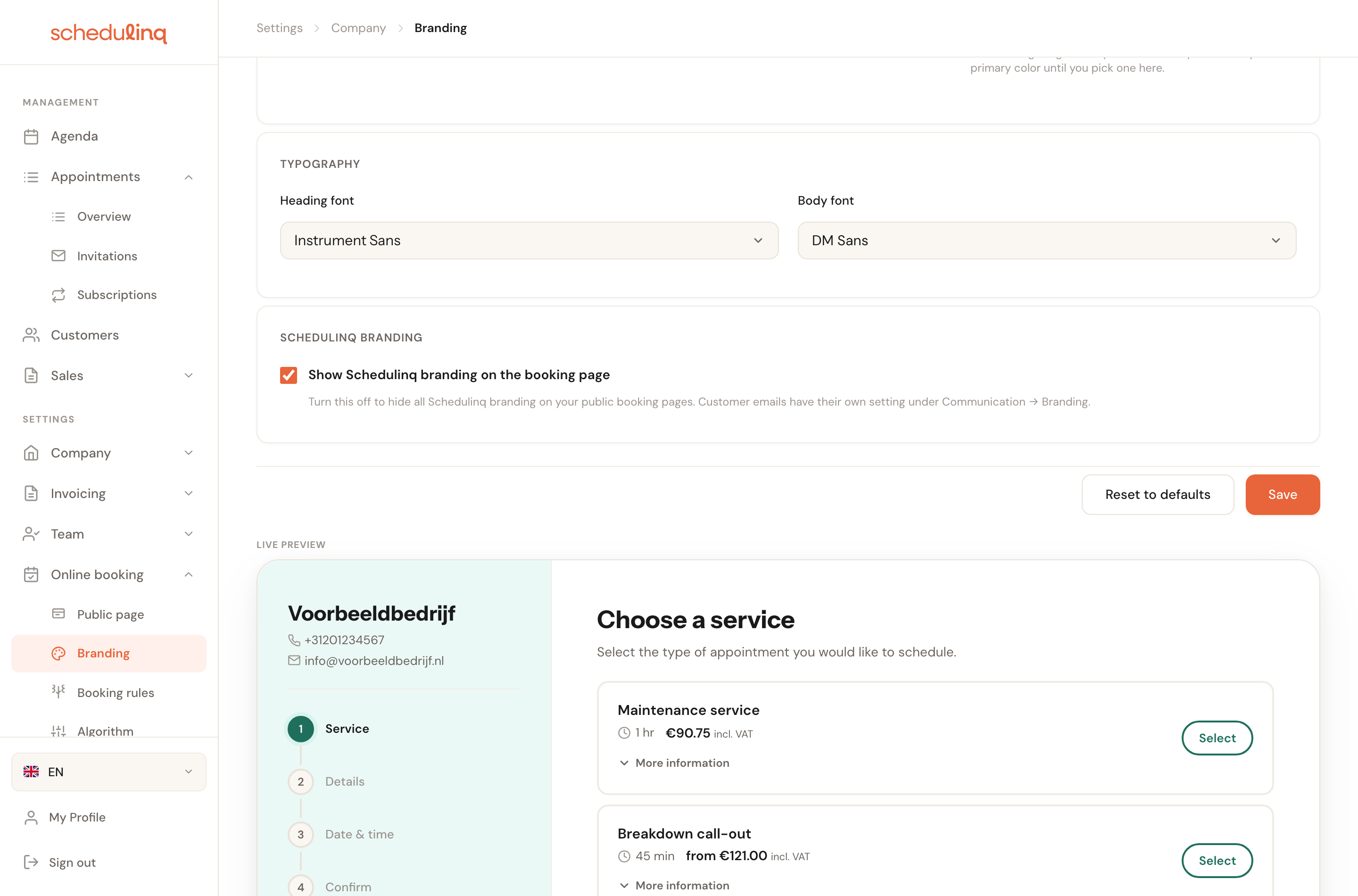 The same page with a green primary colour; the preview has recoloured and Save has become active.