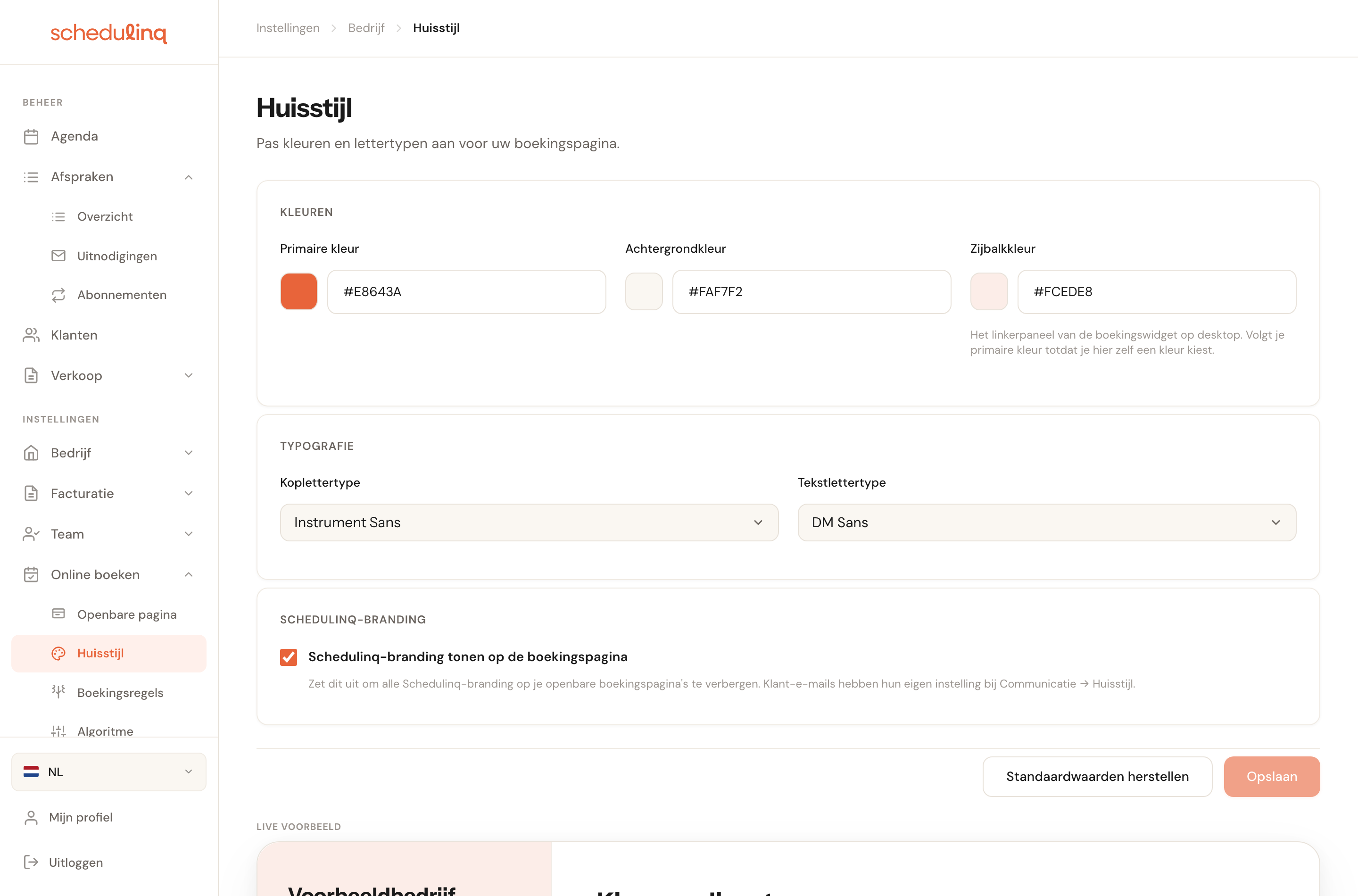 De pagina Huisstijl met de blokken Kleuren, Typografie en Schedulinq-branding, en daaronder het live voorbeeld.