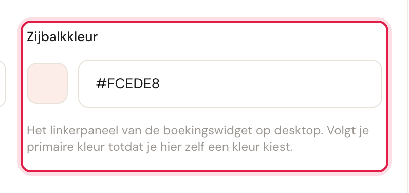 Het veld Zijbalkkleur met de afgeleide tint #FCEDE8 en de uitleg eronder.