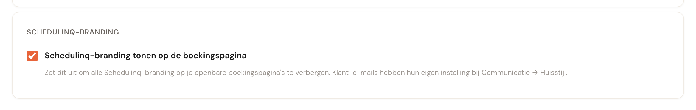 Het blok Schedulinq-branding met de aangevinkte checkbox en de uitleg.