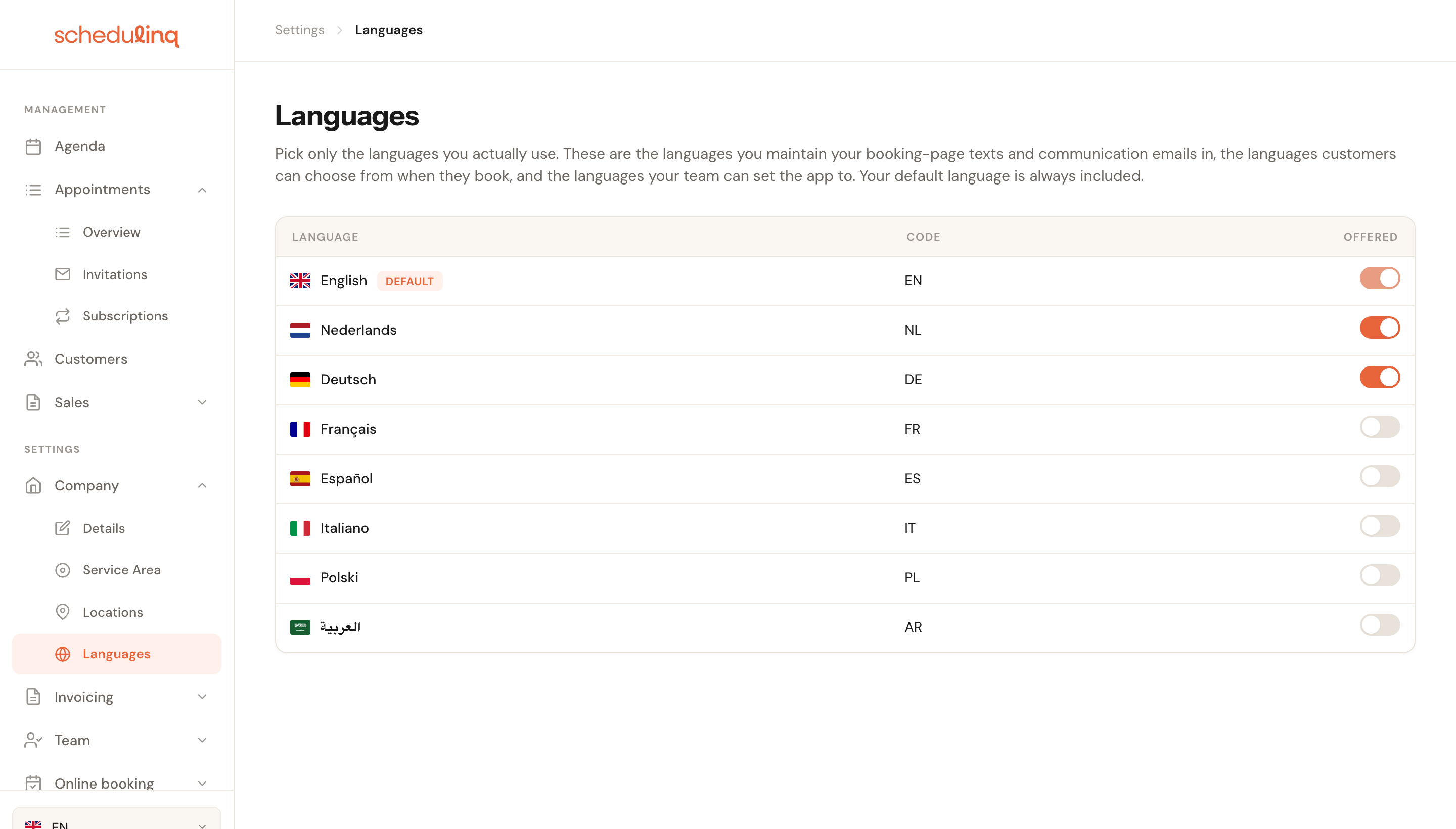 The Languages page listing eight languages, each with an on/off switch.