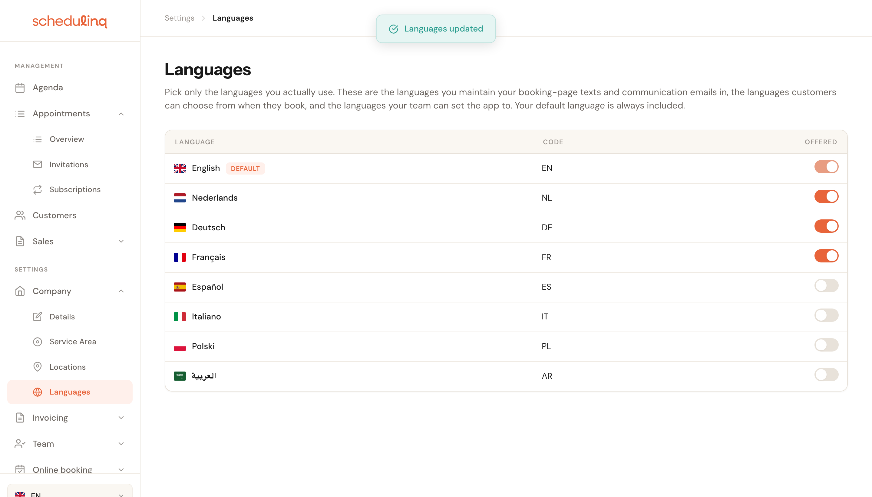 French has just been switched on; a Languages updated message appears at the top.