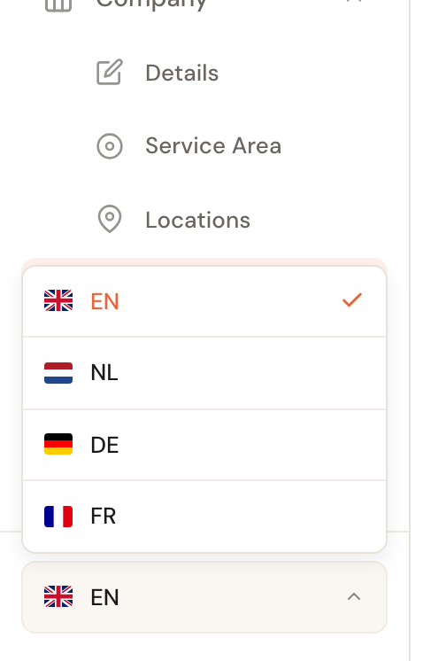 The sidebar language picker showing four languages, with a tick beside the active one.