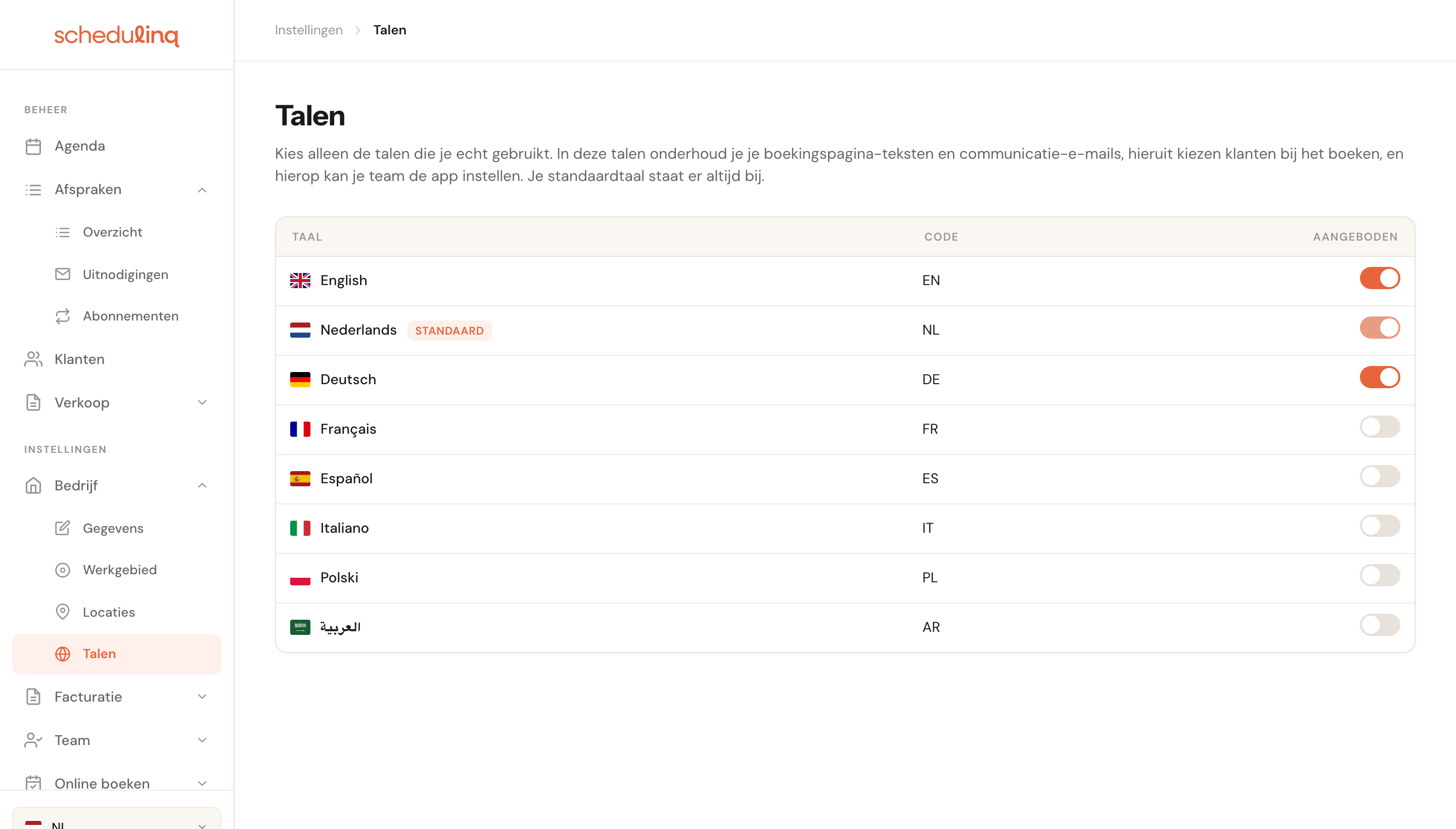 De pagina Talen met acht talen, elk met een checkbox.