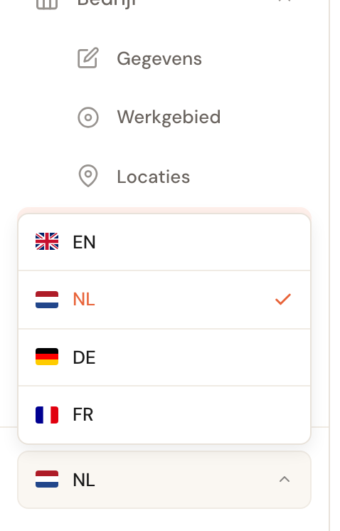 De taalkiezer in de zijbalk toont vier talen, met een vinkje bij de actieve taal.