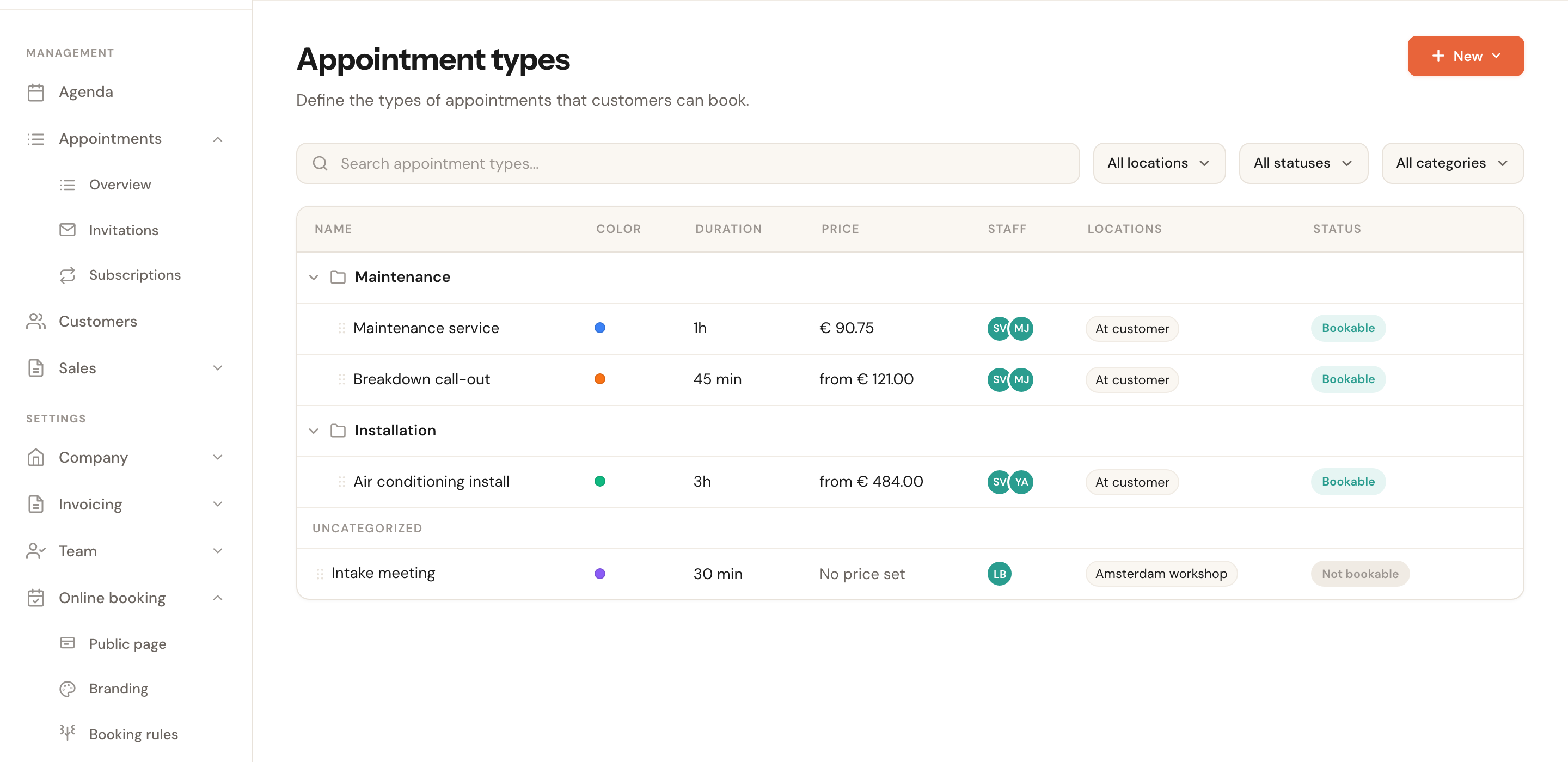 The Appointment types overview with the status column per service.