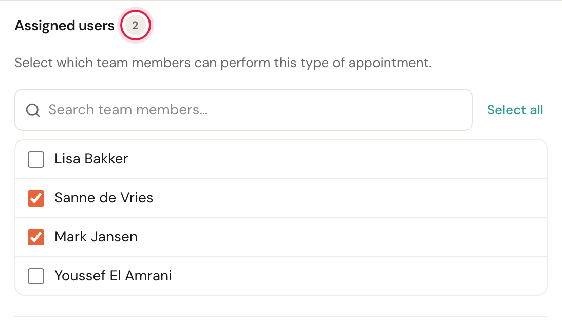 The Assigned staff section in an appointment type's editor.