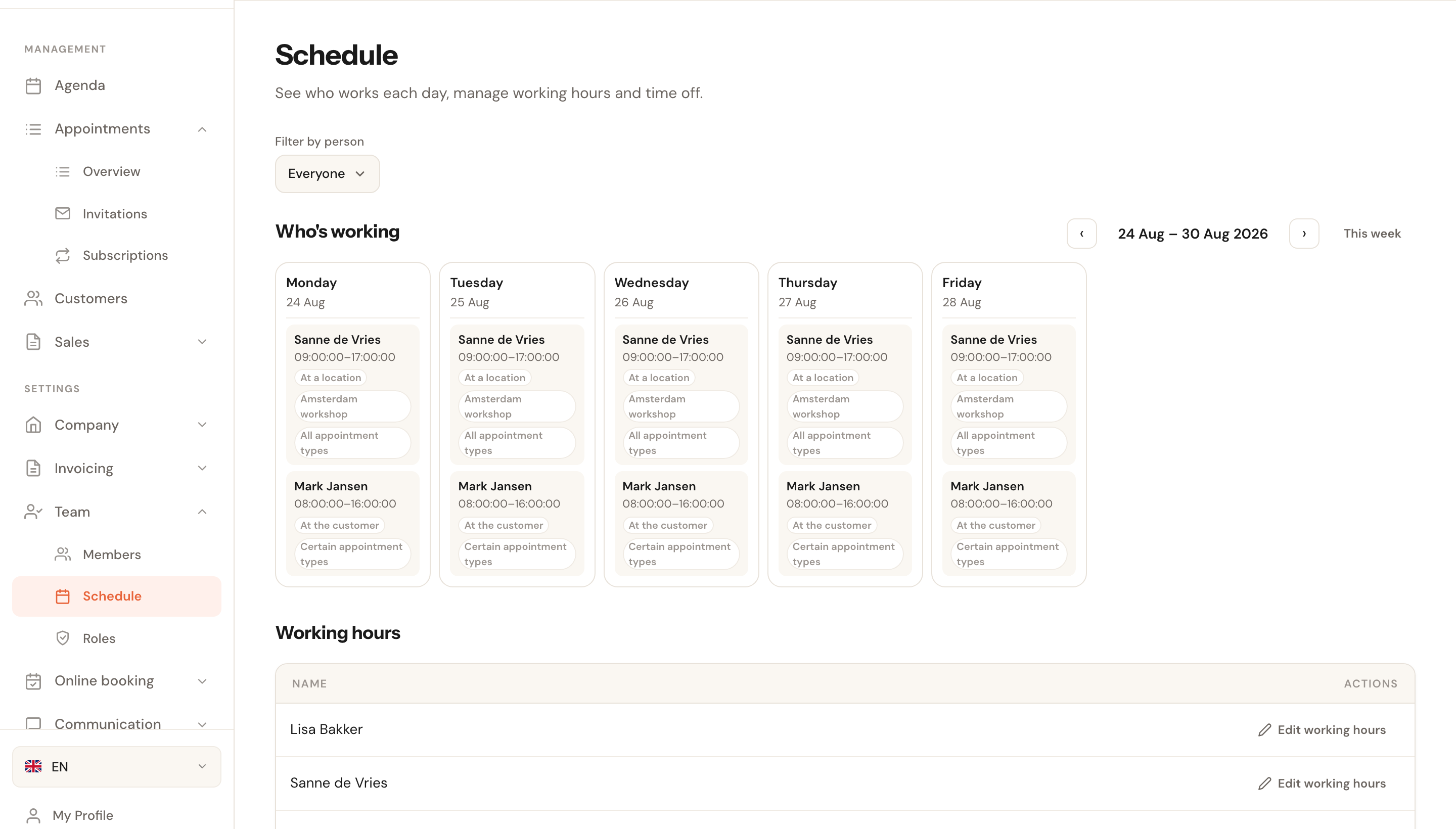 The weekly schedule showing each person's blocks, one of which is restricted to certain services.
