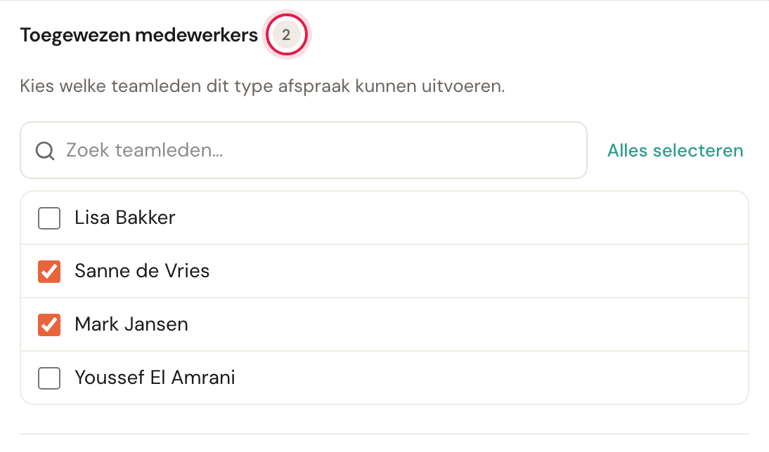 De sectie Toegewezen medewerkers in de editor van een afspraaktype.