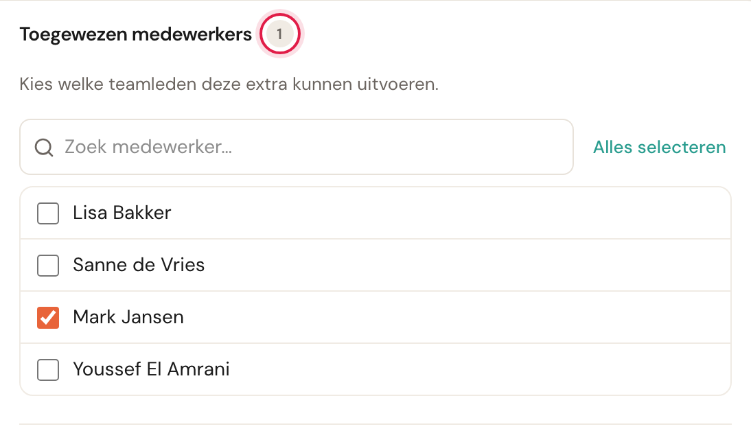 De sectie Toegewezen medewerkers in de editor van een extra.