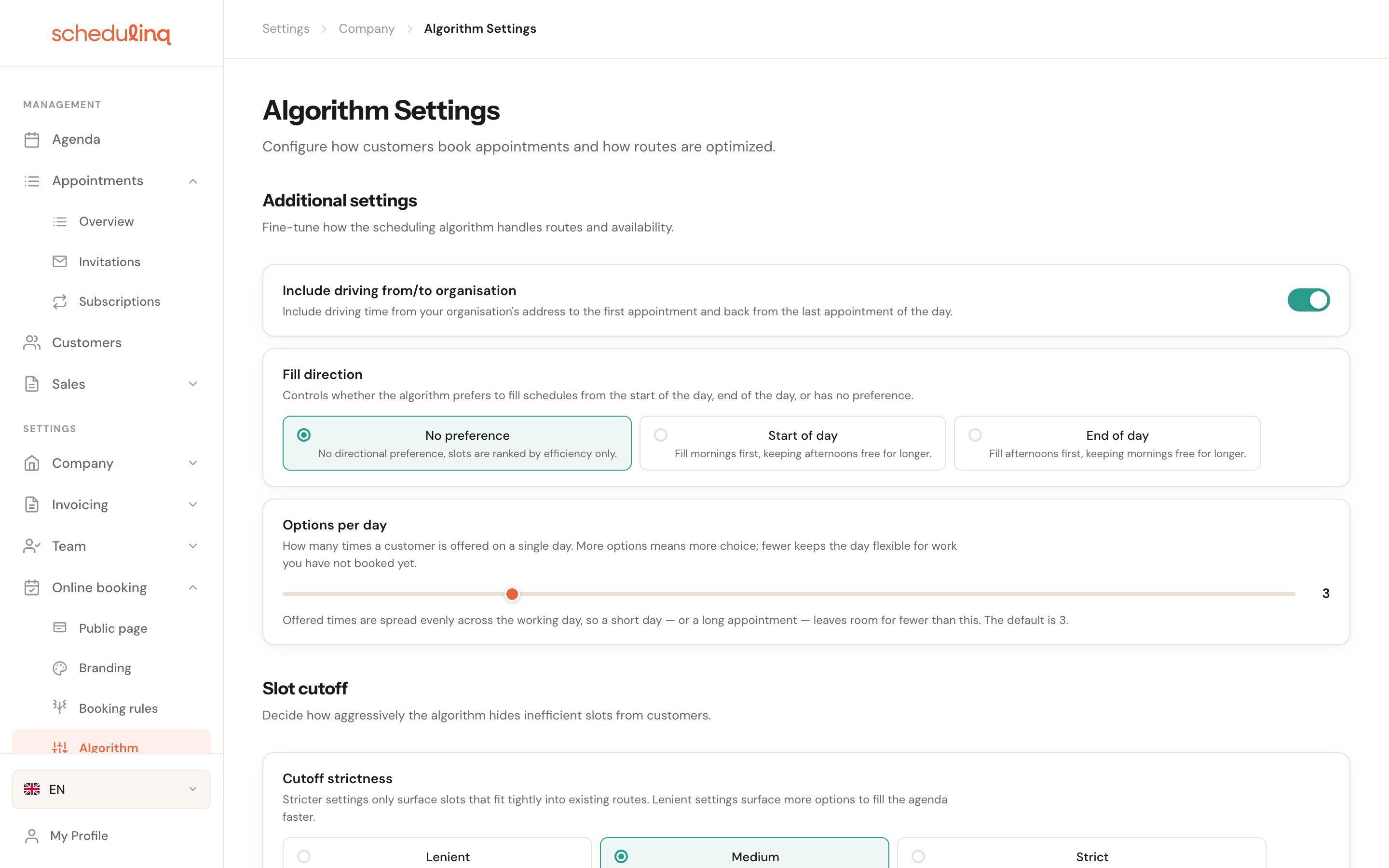 The Algorithm Settings page with five setting cards.