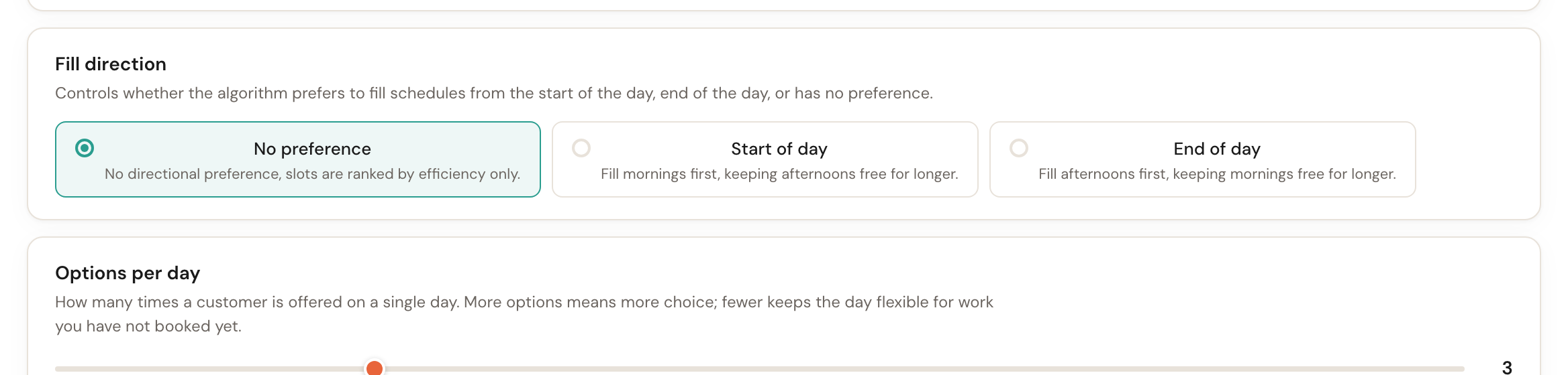 The Fill direction choice with No preference, Start of day and End of day.