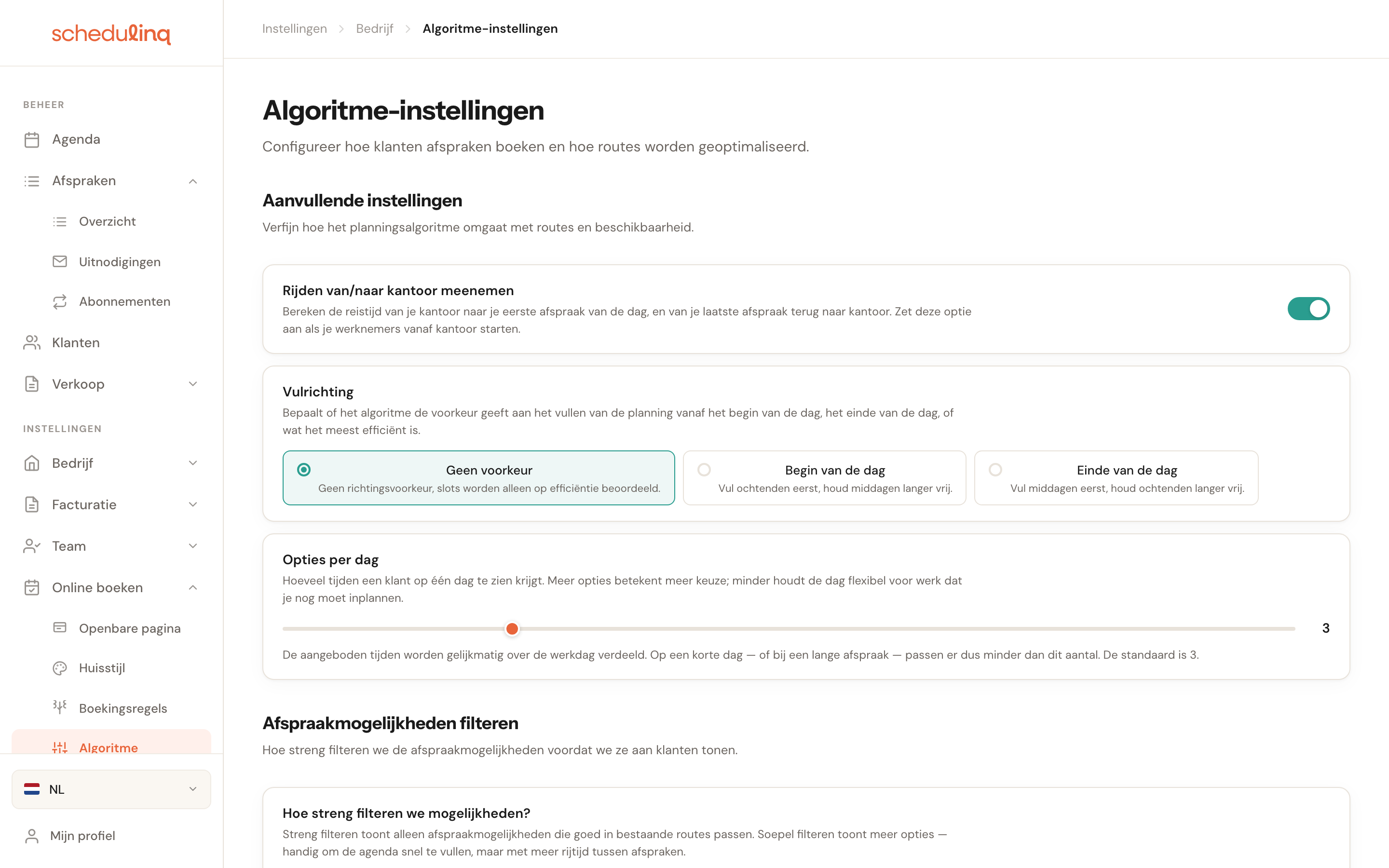 De pagina Algoritme-instellingen met vijf instelkaarten.