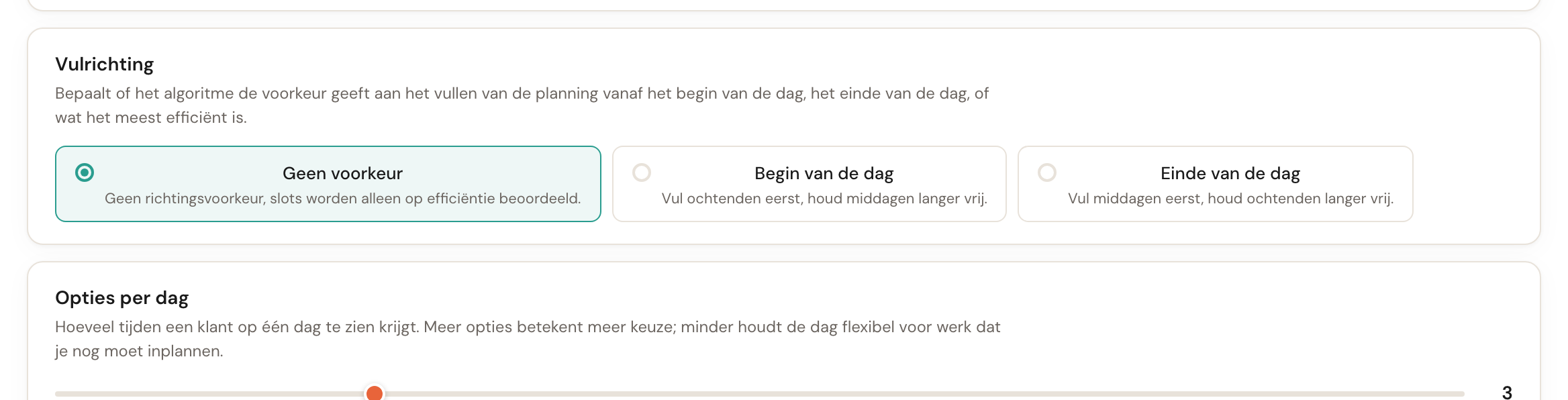 De keuze Vulrichting met Geen voorkeur, Begin van de dag en Einde van de dag.