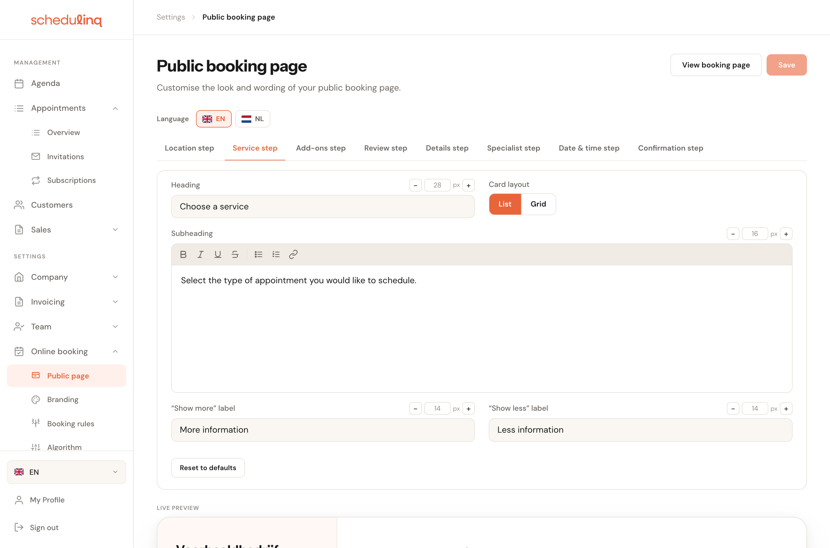 The Public booking page screen with the language bar, the step tabs and the editing fields.