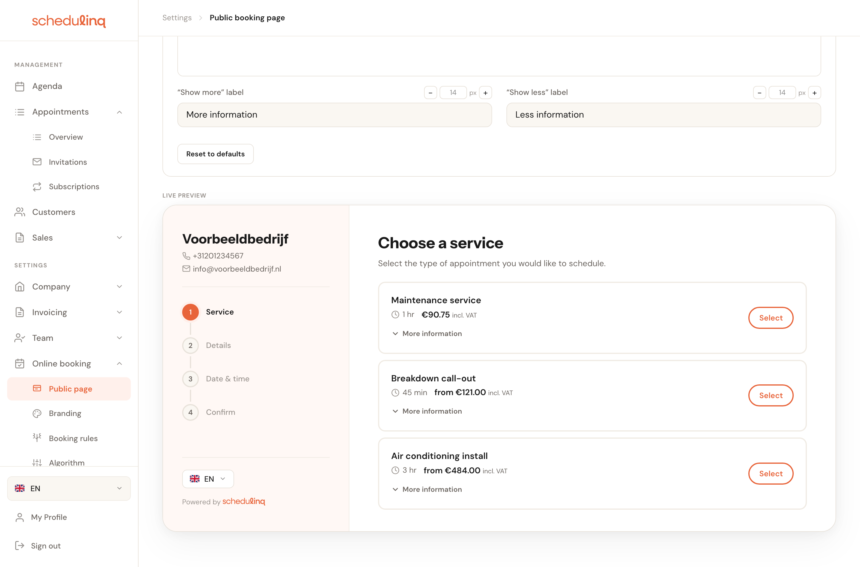 The preview panel showing the real booking page with the organisation's services.