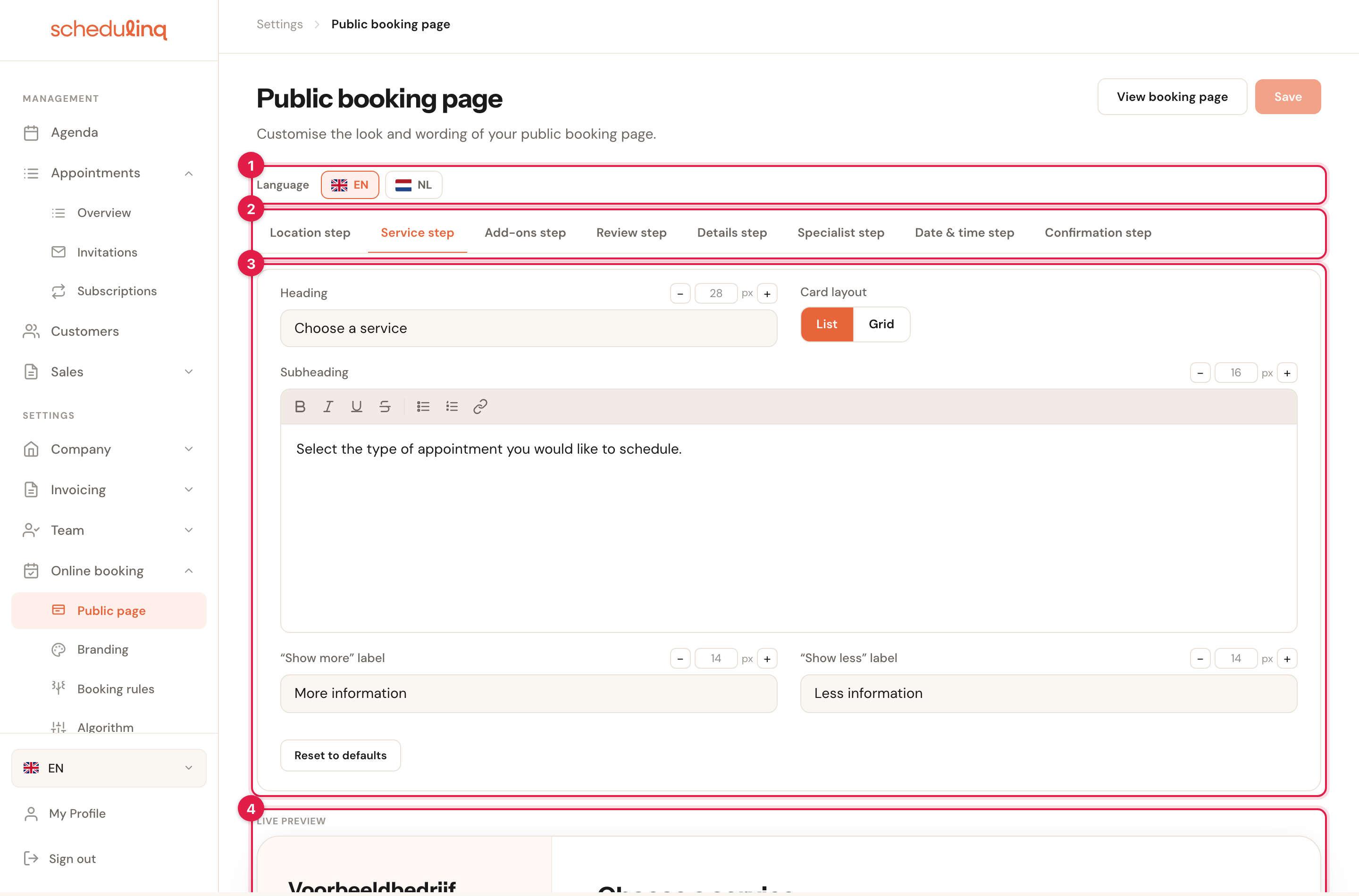 The same screen with four numbered markers on the language bar, the step tabs, the editing panel and the preview.