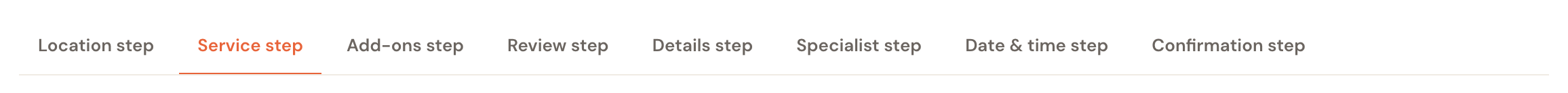 The step tabs: Location step, Service step, Add-ons step, Review step, Details step, Specialist step, Date & time step and Confirmation step.