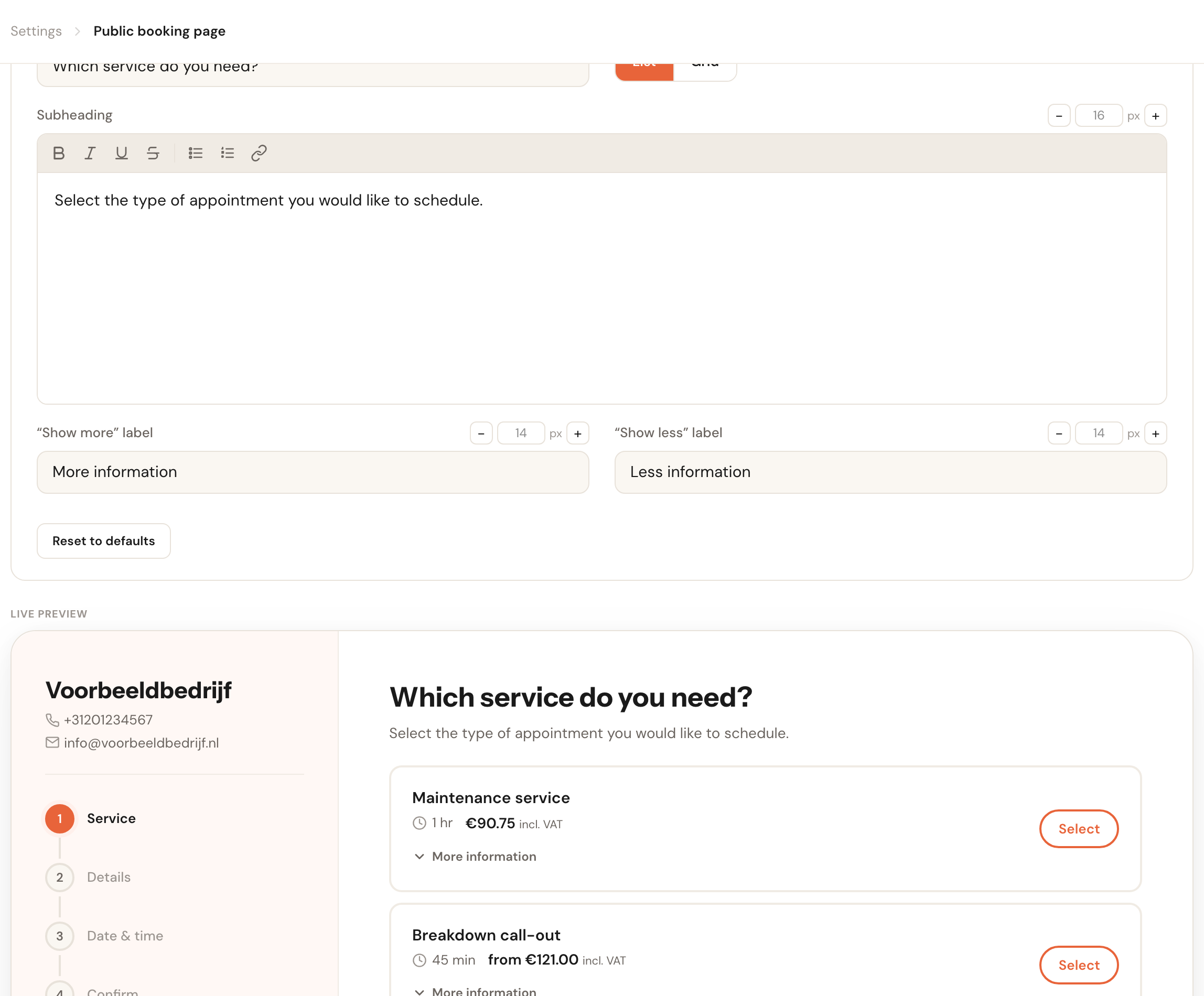 The editing panel with a changed heading, and the preview below it showing the same heading.