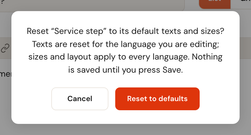 The confirmation dialog explaining what will be reset.