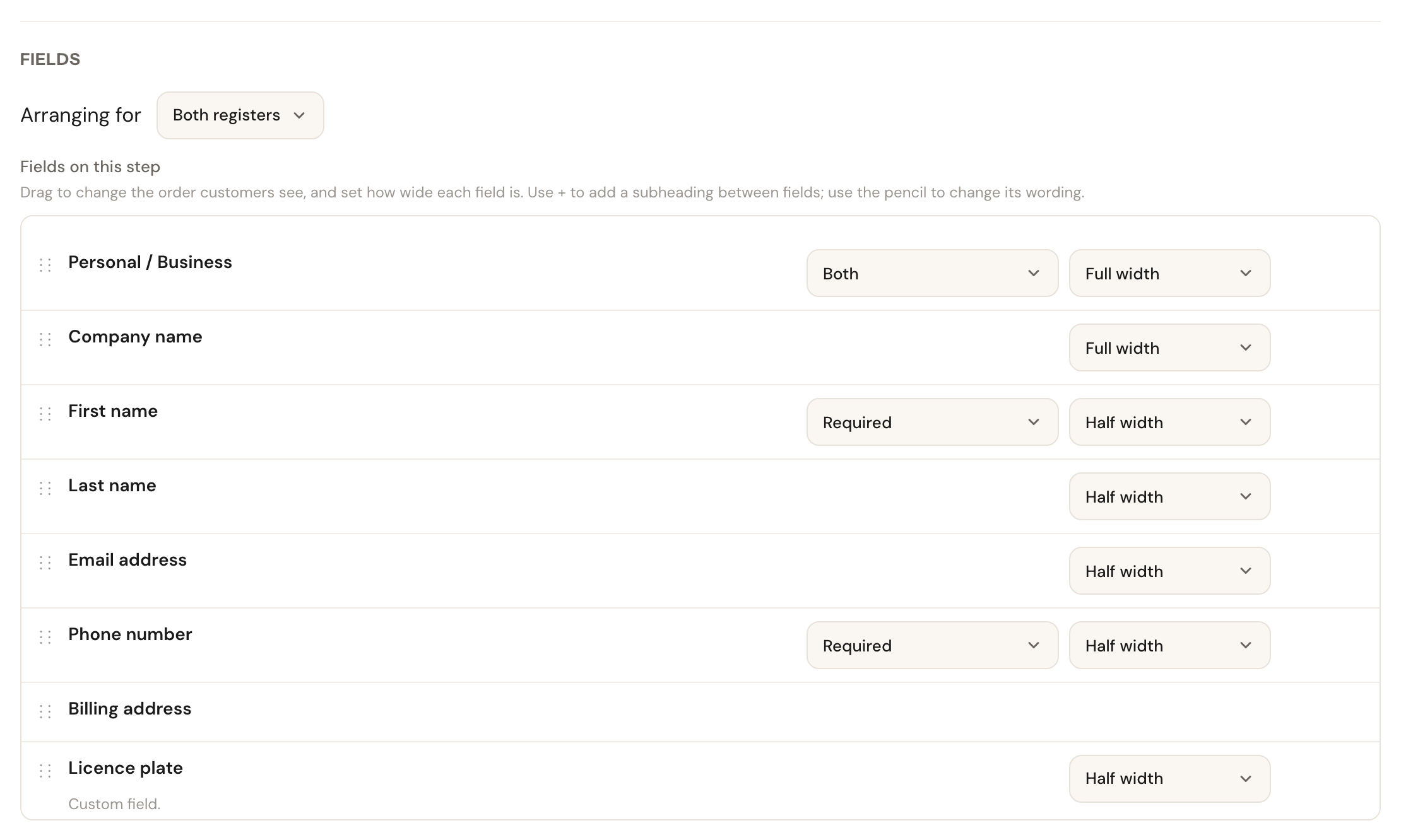 The Fields block on the details step: the Arranging for choice, and below it the list with Personal / Business, Company name, First name, Last name, Email address, Phone number, Billing address and a custom field.