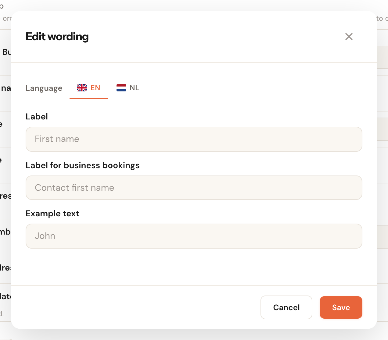 The Edit wording dialog with the NL/EN language bar and the boxes Label, Label for business bookings and Example text.