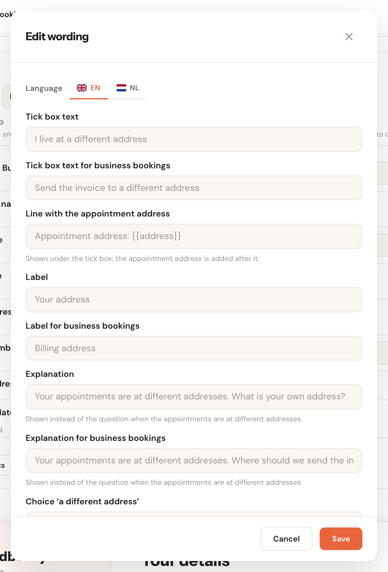 The Edit wording dialog for the billing address, with the boxes Tick box text, Line with the appointment address, Label and Explanation, each also for business bookings.