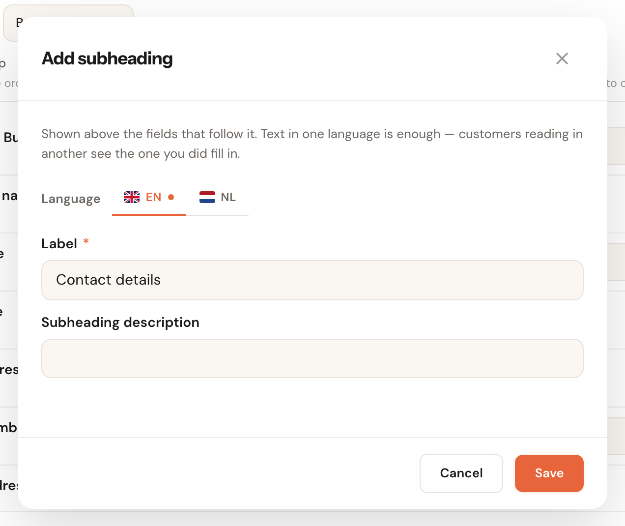 The Add subheading dialog with the Label and Subheading description boxes, and a language bar.