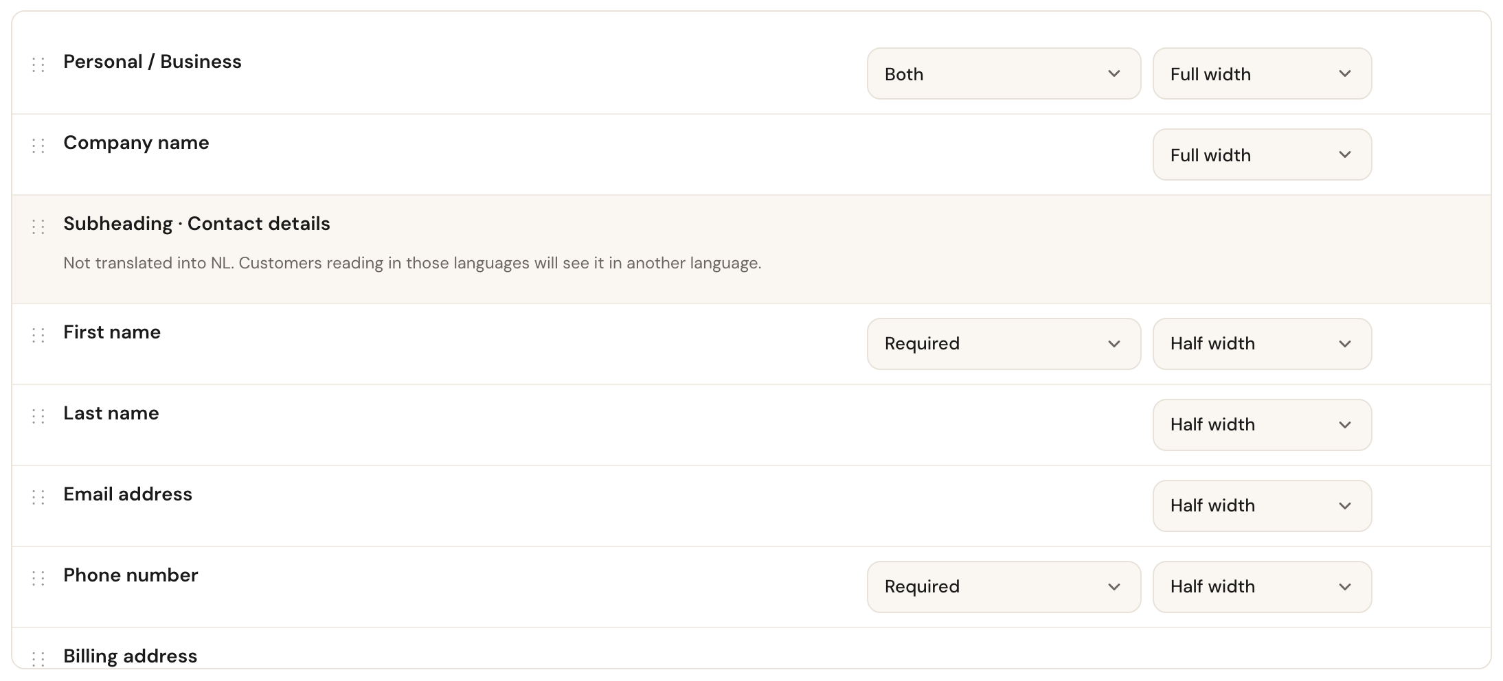 The field list with a Subheading · Contact details row above the name fields.