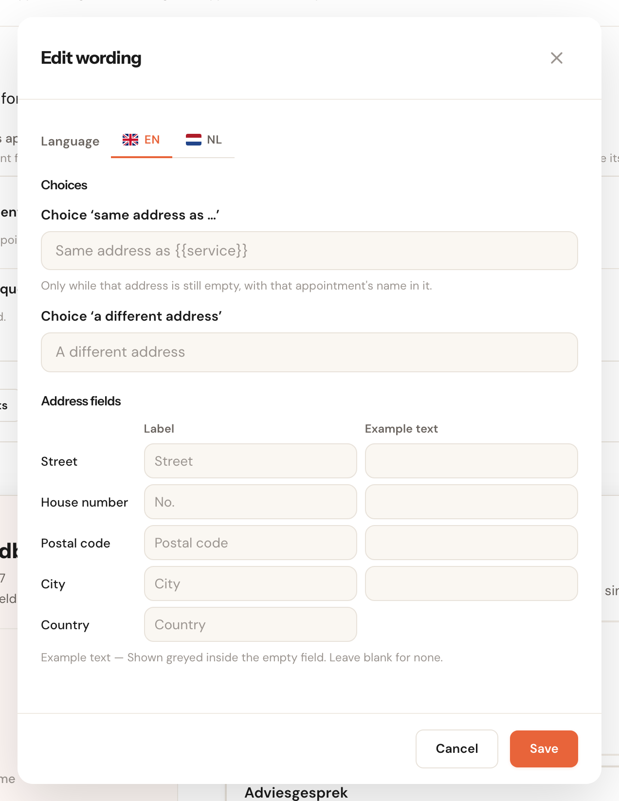The Edit wording dialog for the appointment address: the choices Same address as and A different address, and a table with label and example text for street, house number, postal code, city and country.