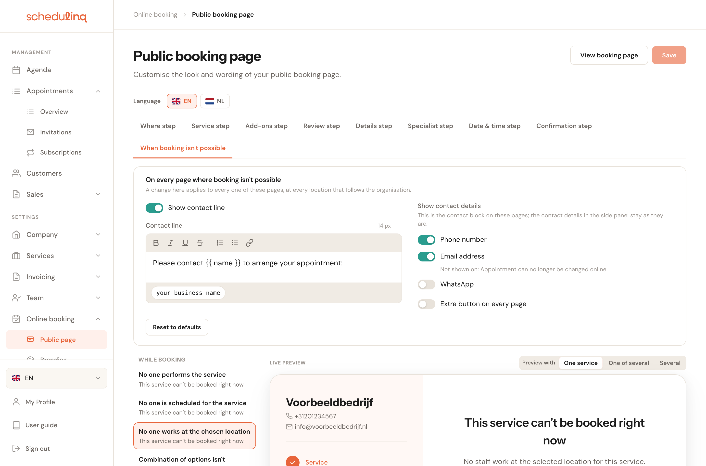 The When booking isn't possible tab: the On every page where booking isn't possible block at the top, below it the list of situations on the left and the preview of No one works at the chosen location on the right.