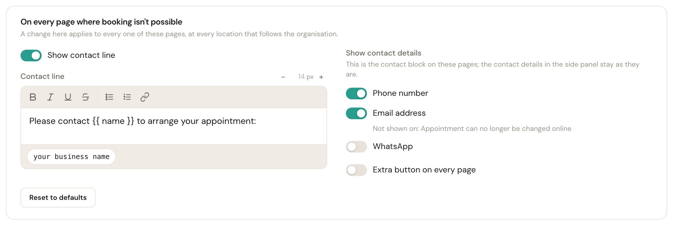 The On every page where booking isn't possible block: on the left the Show contact line switch with the contact line's text, on the right the switches for phone number, email address and WhatsApp and the Extra button on every page switch.