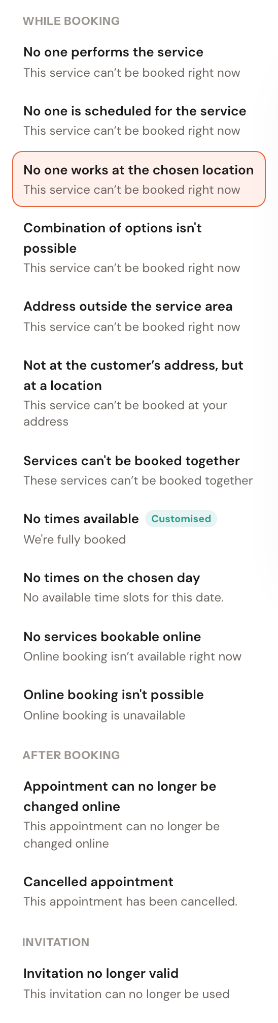 The list of situations in three groups, While booking, After booking and Invitation; under each situation the title the customer reads now, and on No times available the Customised label.