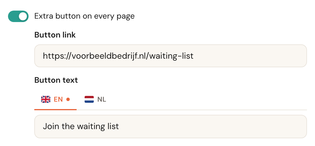 The Extra button on every page switch turned on, with the Button link box and under it Button text with the language tabs NL and EN.