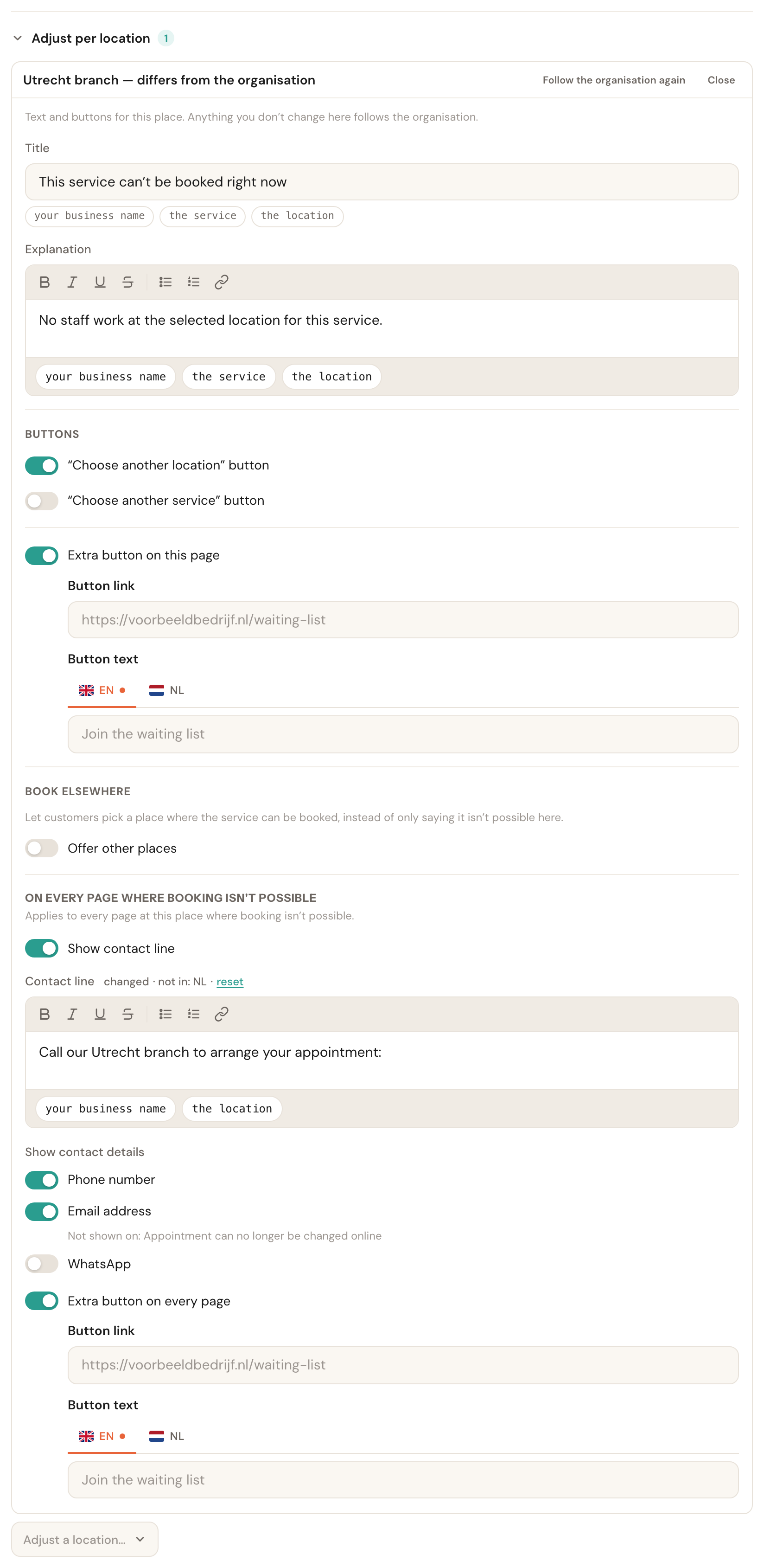 Adjust per location unfolded: the row Utrecht branch — differs from the organisation, with the Follow the organisation again and Close buttons, under it Utrecht's texts, buttons and own contact line, and at the bottom Adjust a location…